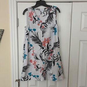 Liz Claiborne White Tropical Print V-Neck Dress with Coral & Teal Flowers